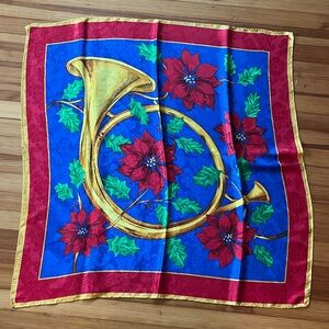 Festive Holiday Scarf with Horn and Poinsettia Design